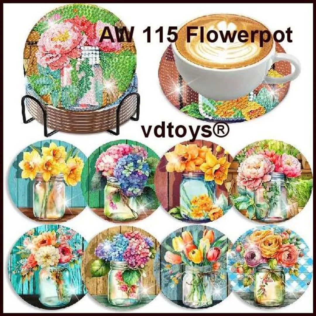 VDTOYS Diamond Painting Onderzetters Set AW 155 Flower Pot - 8 Stuks