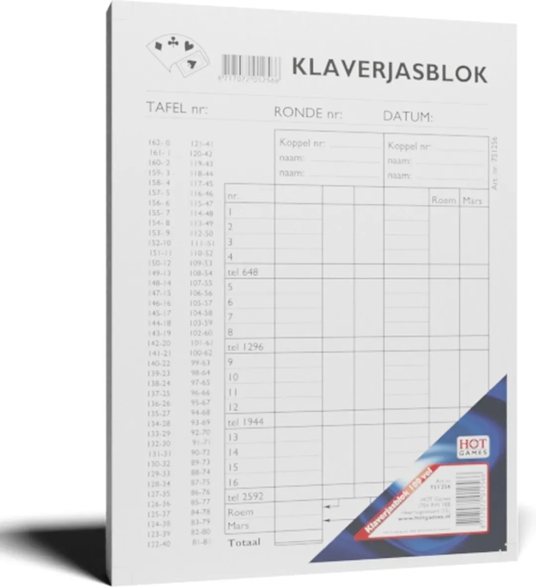 HOT Games Klaverjas Scoreblok 100 Vel