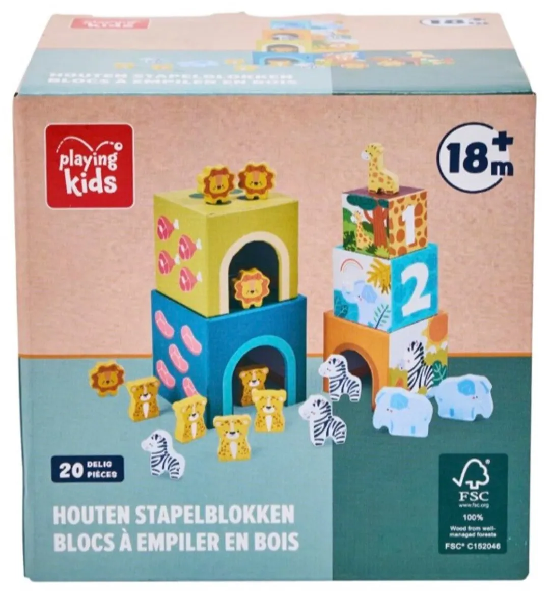 Playing Kids Safari Houten Stapelblokken 20 Stuks