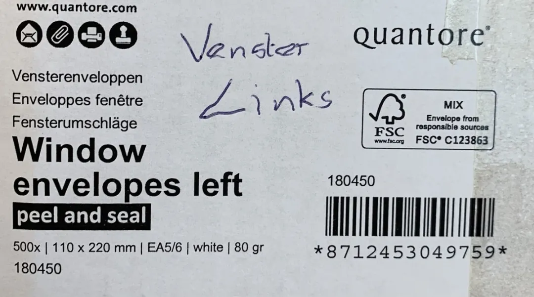 Quantore Enveloppen 110x220mm - 500 Stuks - Wit - Venster 4x11cm Links