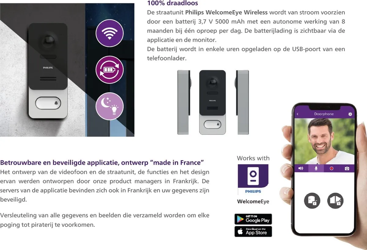 Philips videodeurbel WelcomeEye Wireless draadloos - te koppelen met smartphone