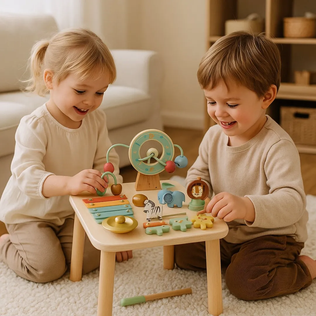 Tooky Toy Houten Activiteitentafel - Muziek & Tandwielen - 6 Delig - Multicolor
