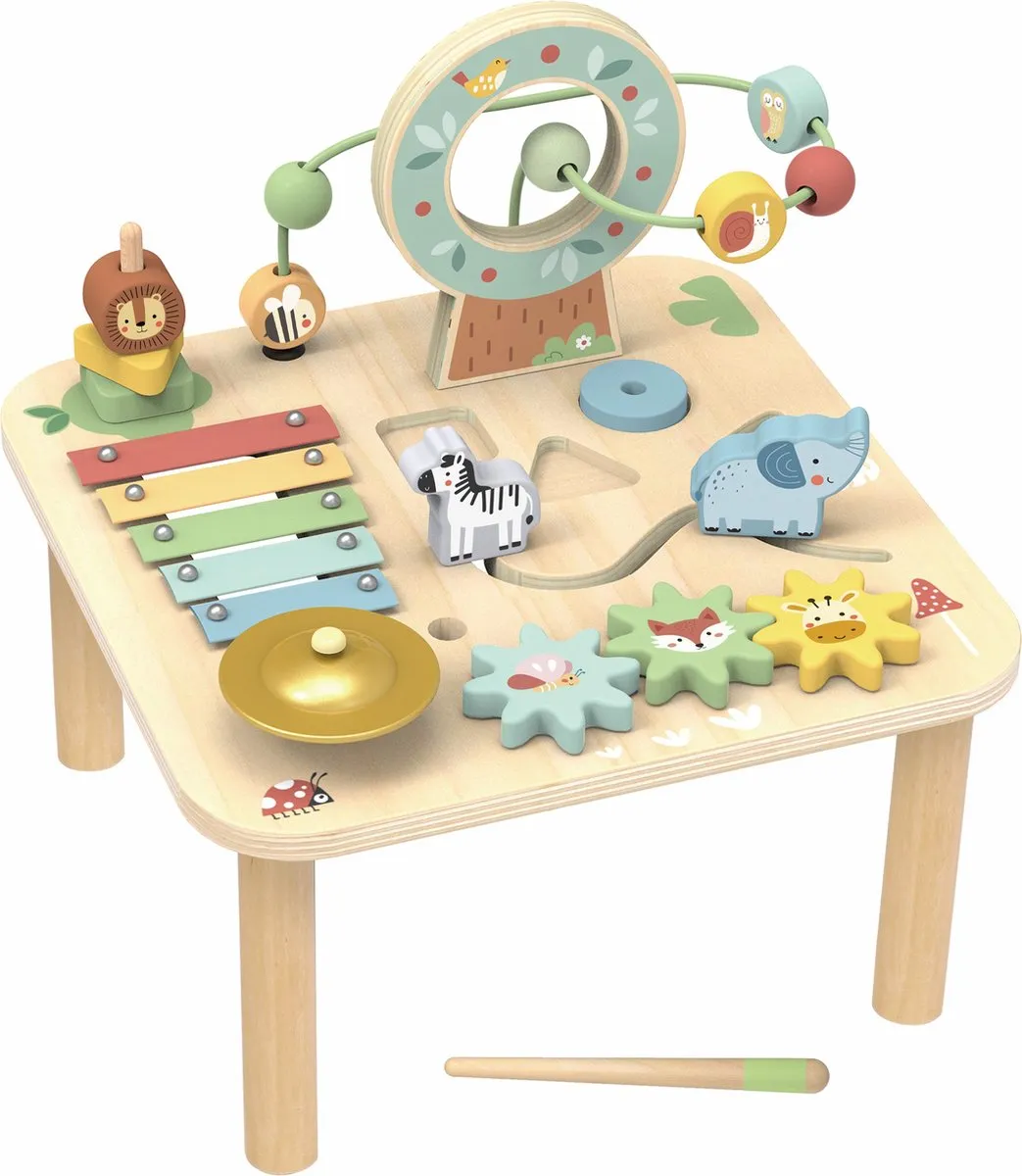 Tooky Toy Houten Activiteitentafel - Muziek & Tandwielen - 6 Delig - Multicolor
