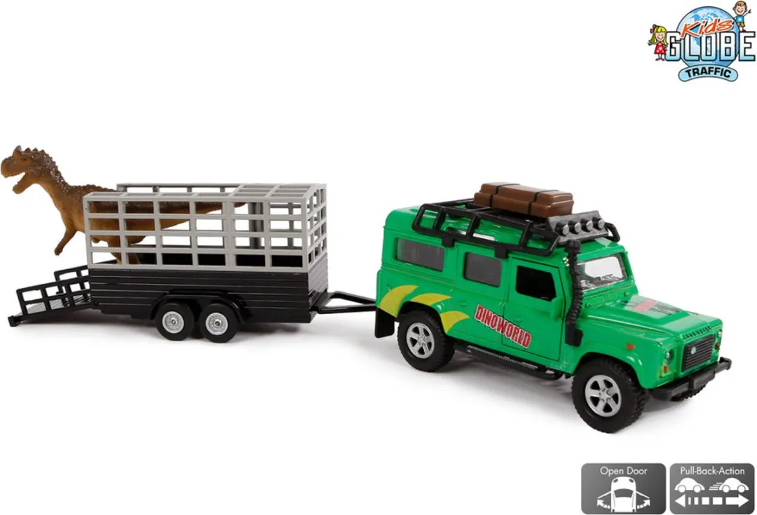 Kids Globe Land Rover Die-cast met Dino-trailer 29cm - 3x AAA