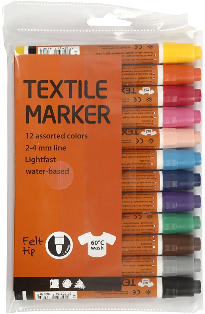 Creativ Company Textielstiften - 2-4mm lijn - 12 Stuks Multicolor