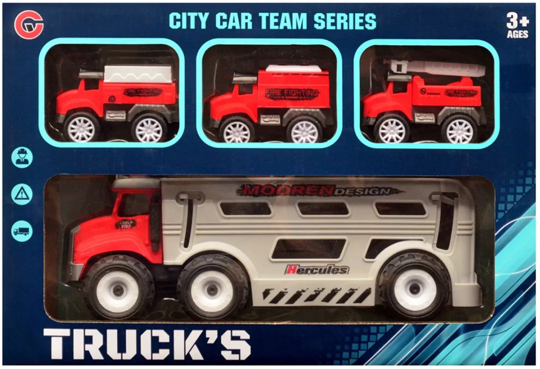 YJ Toys Trucks 4in1 Vrachtwagen & Brandweervoertuigen 24cm - Rood