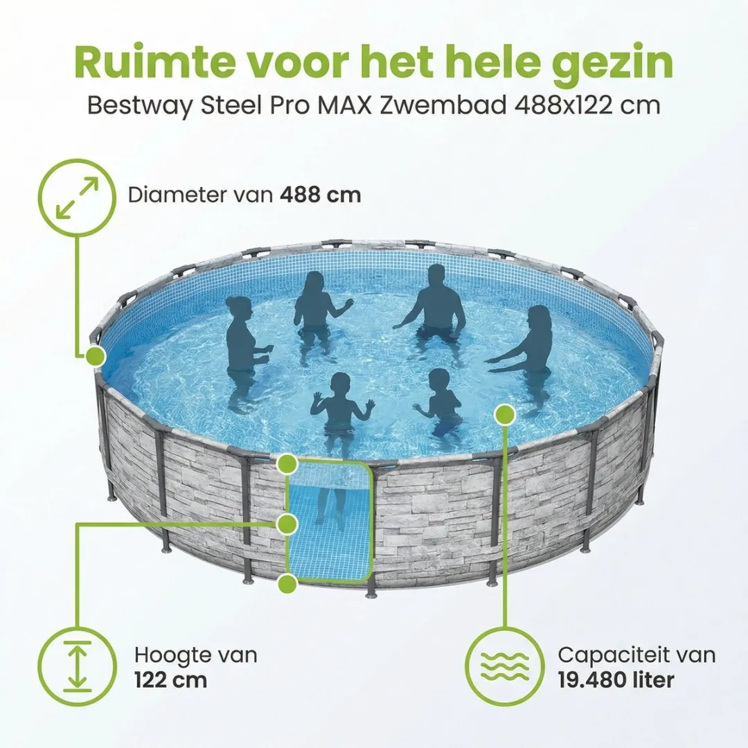 Bestway Steel Pro MAX Zwembad 488x122cm - 8-delig - Grijs