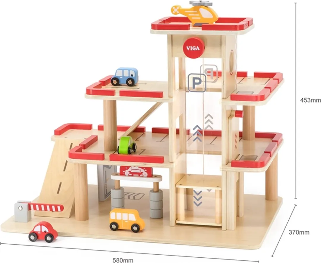 Vigatoys Houten Speelgoedgarage Groot - 4 Auto's & Helikopter - 44763