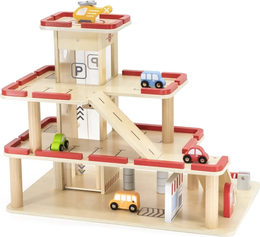Vigatoys Houten Speelgoedgarage Groot - 4 Auto's & Helikopter - 44763