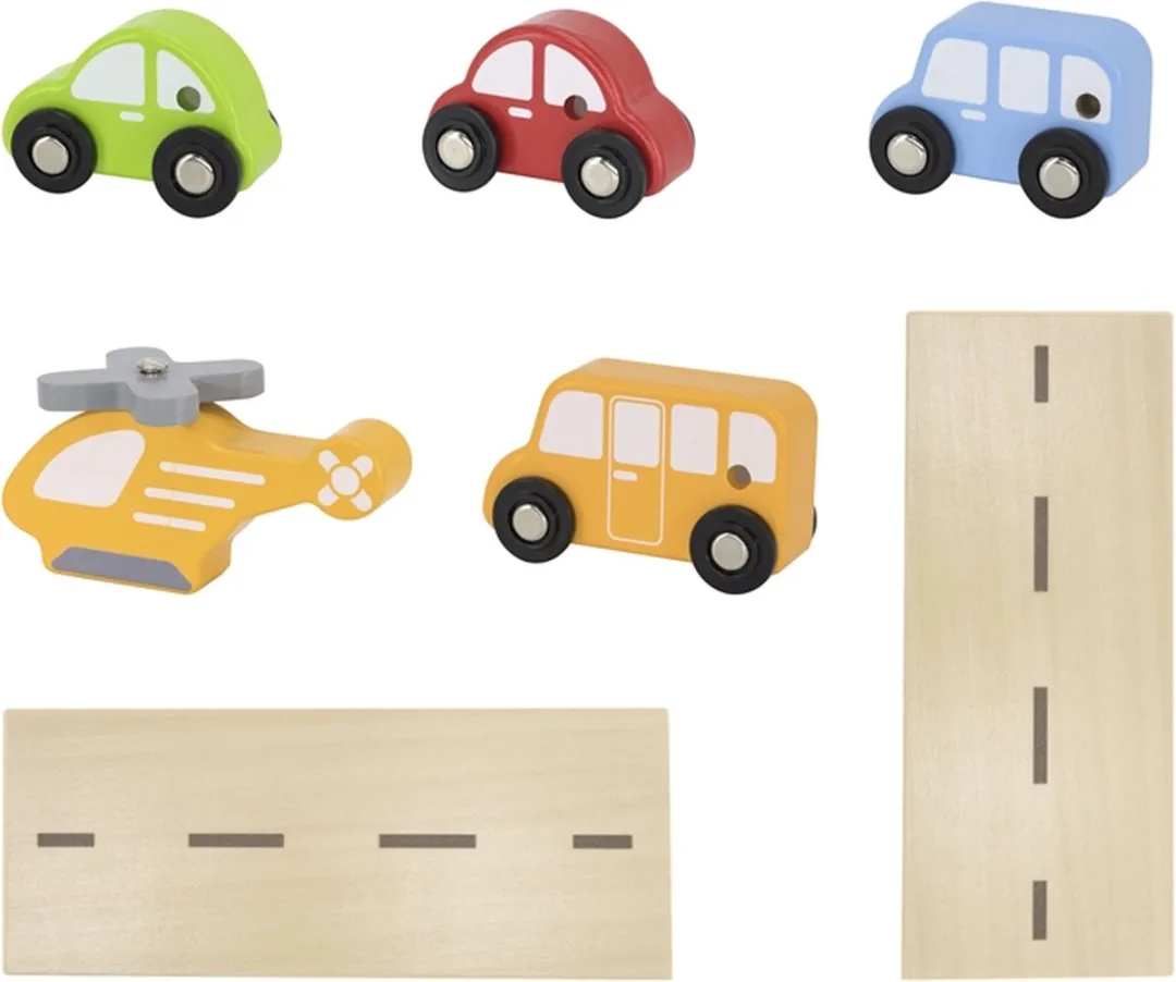 Vigatoys Houten Speelgoedgarage Groot - 4 Auto's & Helikopter - 44763