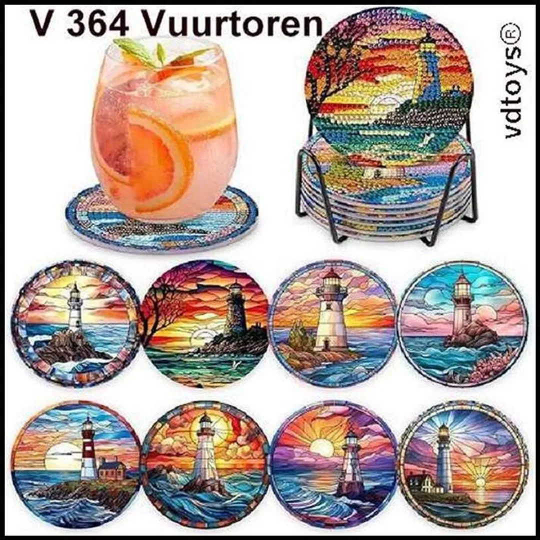 VDTOYS Diamond Painting Onderzetters SET V Vuurtoren - 8 Stuks