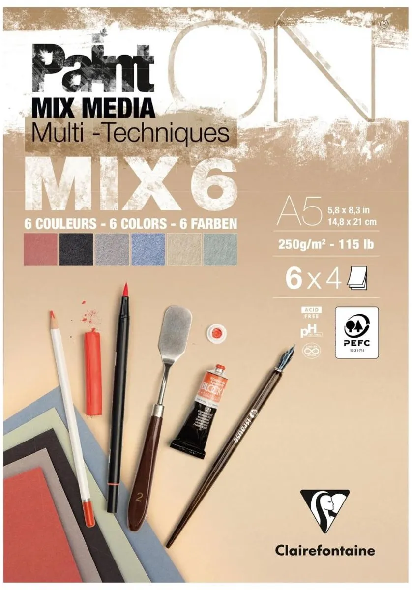 Clairefontaine Paint ON Tekenpapier A5 24 Vel - 6 Kleuren - 4 Stuks