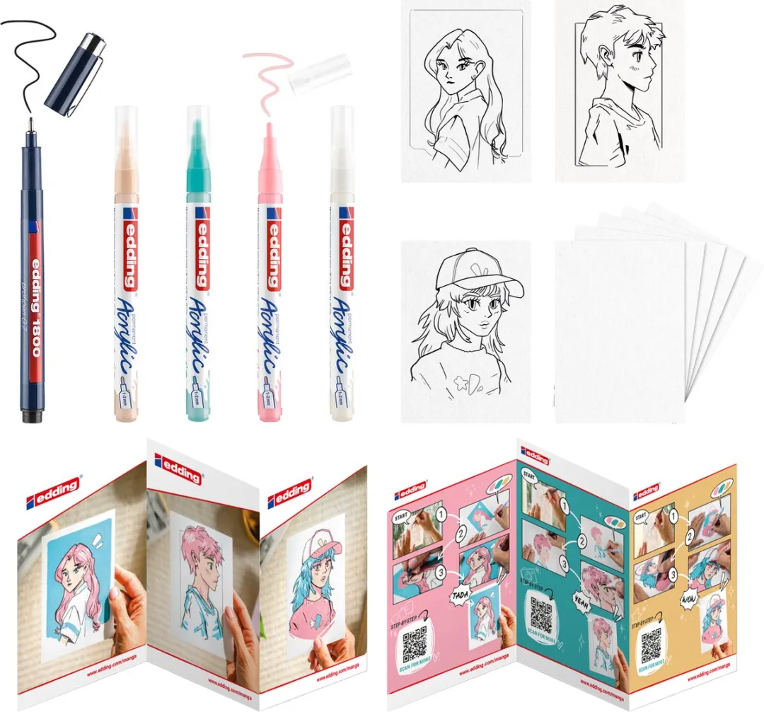 edding Manga Creative Set - 1800 Profipen & 5300 Acrylstiften - 5 Stuks