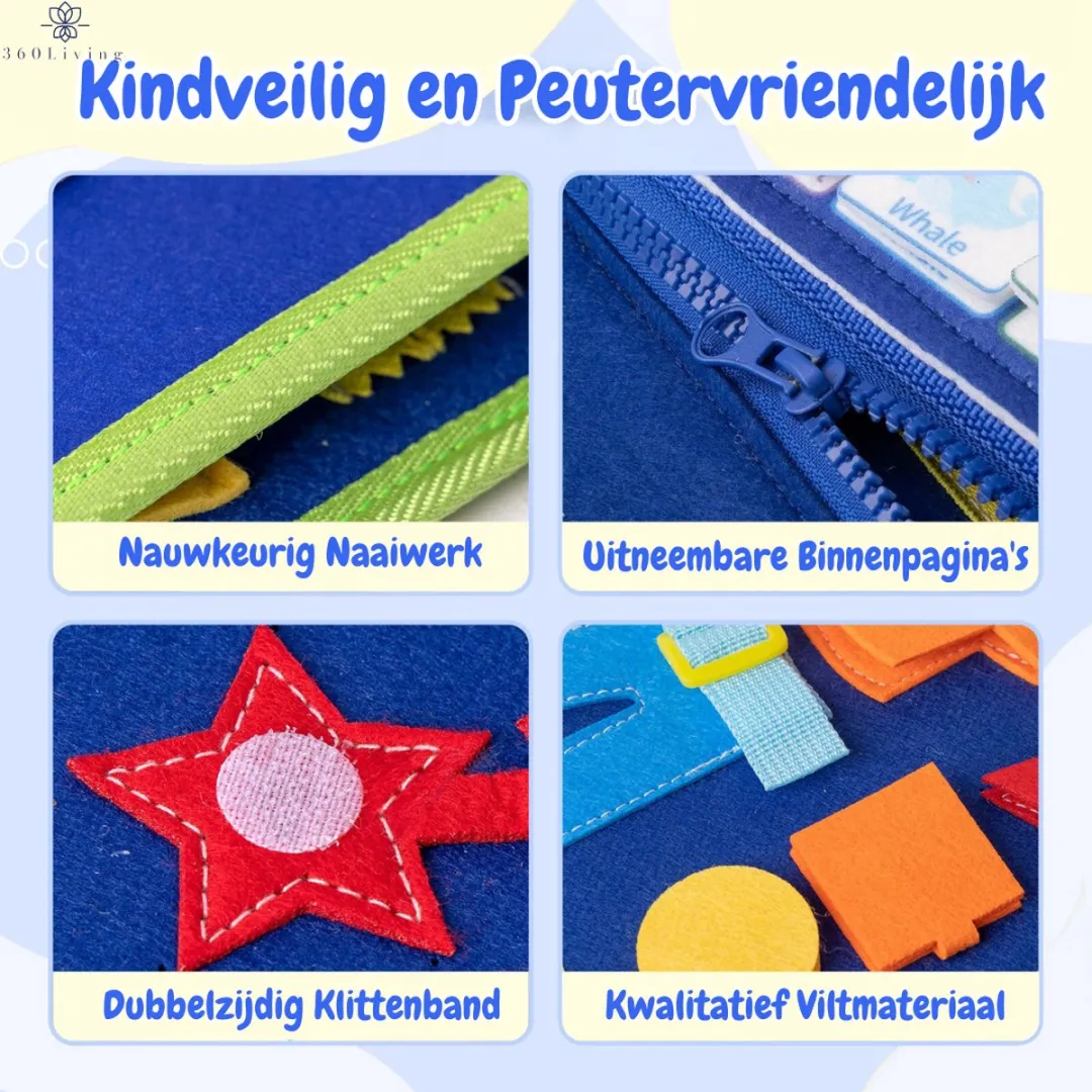 360 Toys® - Busy Board - Nederlands - 8 pagina's en >30 vaardigheden - Babyspeelgoed 6 maanden - Montessori Speelgoed