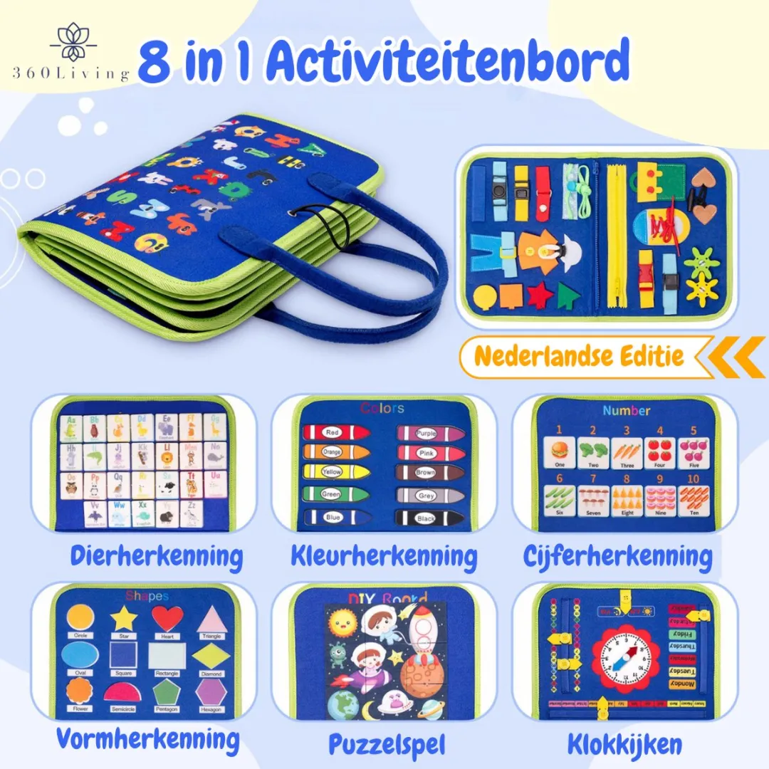 360 Toys® - Busy Board - Nederlands - 8 pagina's en >30 vaardigheden - Babyspeelgoed 6 maanden - Montessori Speelgoed