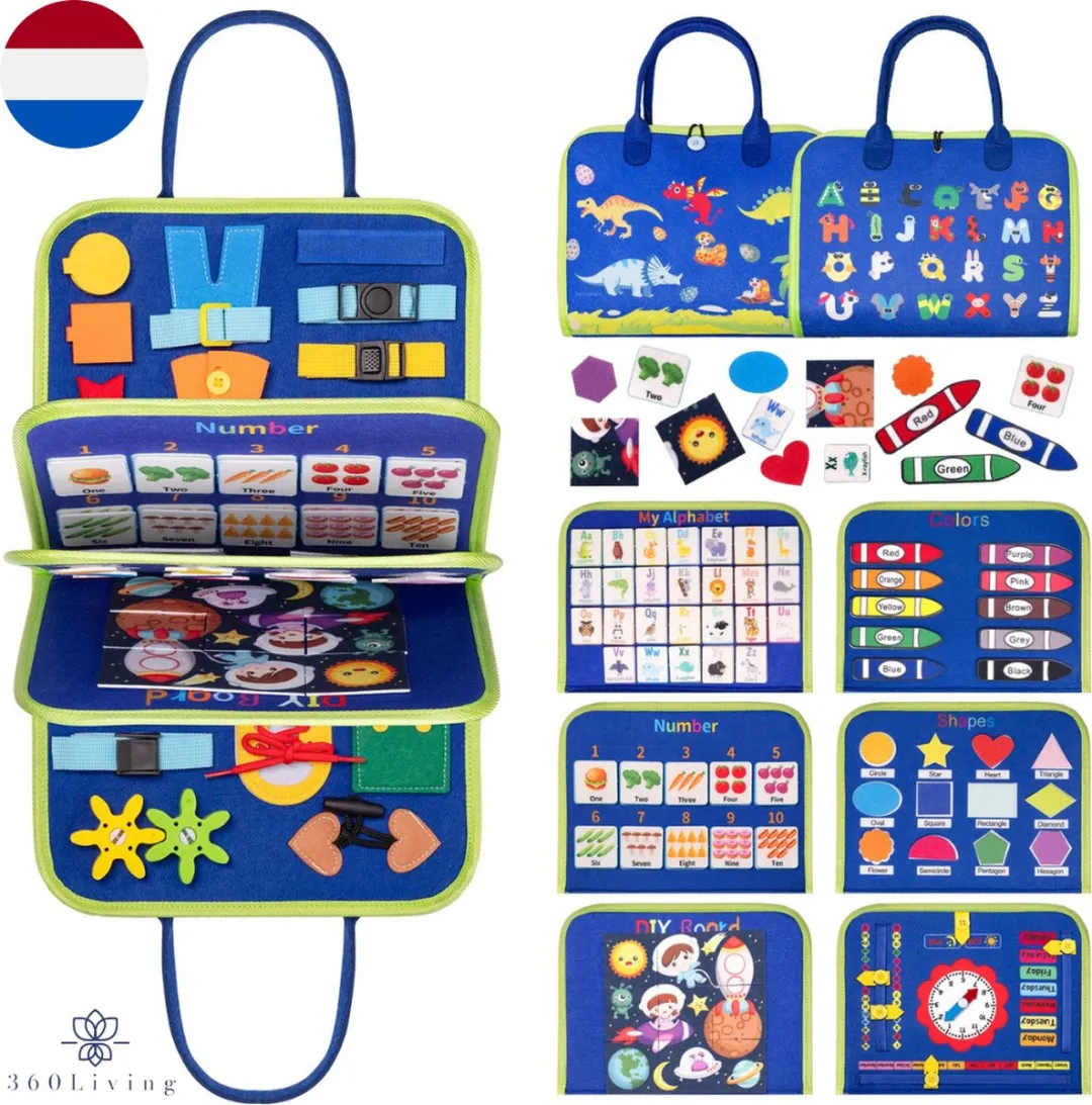 360 Toys® - Busy Board - Nederlands - 8 pagina's en >30 vaardigheden - Babyspeelgoed 6 maanden - Montessori Speelgoed