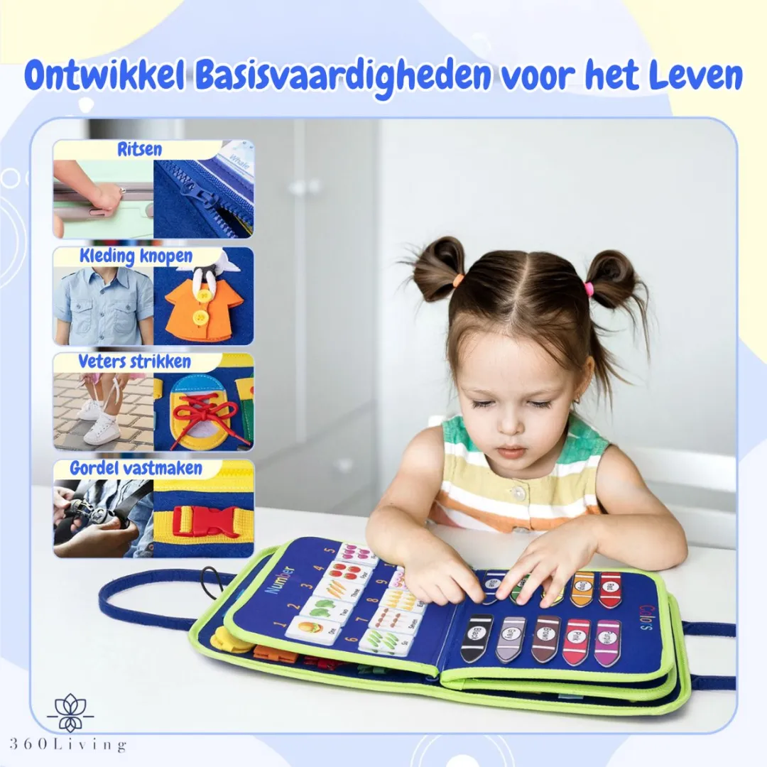 360 Toys® - Busy Board - Nederlands - 8 pagina's en >30 vaardigheden - Babyspeelgoed 6 maanden - Montessori Speelgoed