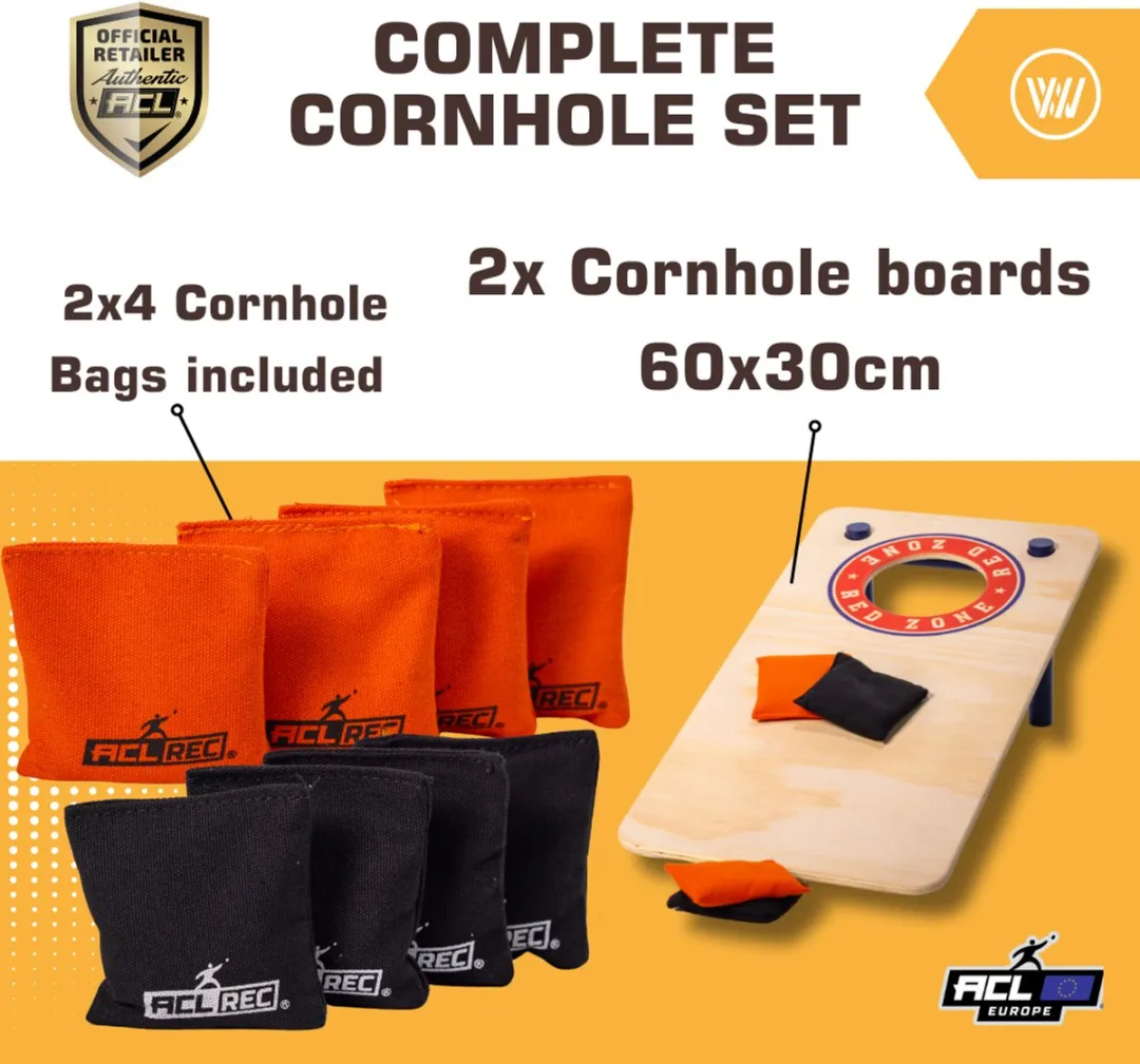 Wicked Wood Games Mini Cornhole Set Red Zone Style 60x30cm - 2 Bordjes + 8 Zakjes