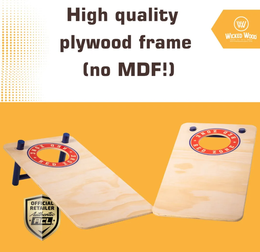 Wicked Wood Games Mini Cornhole Set Red Zone Style 60x30cm - 2 Bordjes + 8 Zakjes