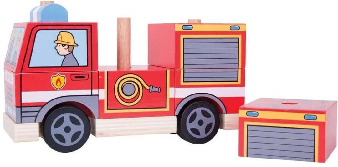 BIGJIGS Stapelblokken Brandweerauto - 12 Stuks - Meerdere kleuren