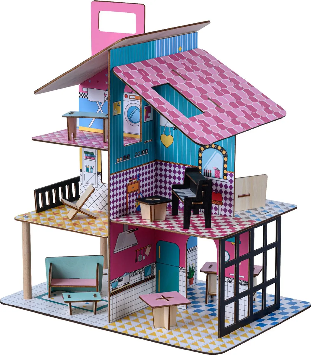 Teamson Kids Houten Poppenhuis TD-13260C - 12 Meubels - Multi