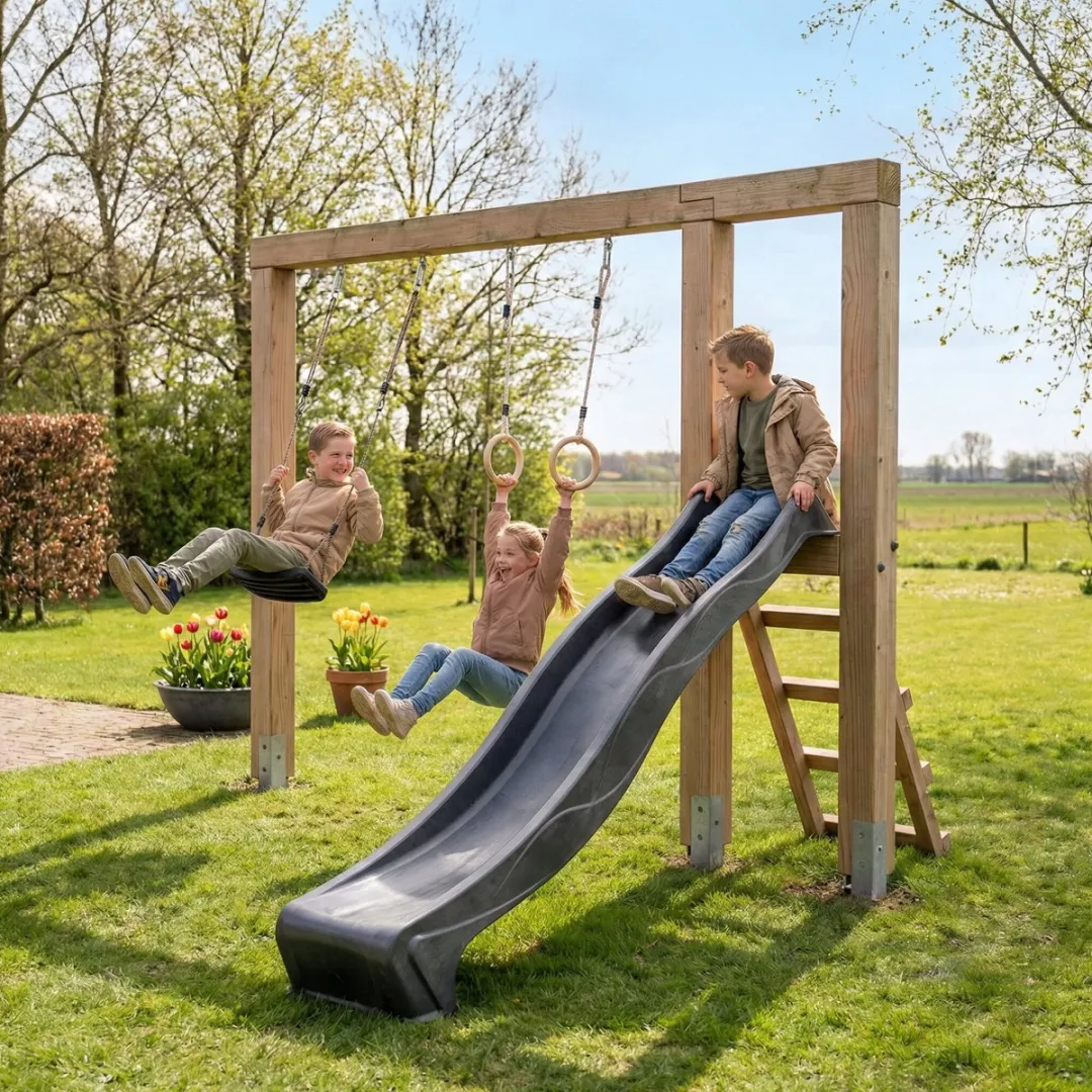 EXIT Linea Massiv 140 Schommel - Houten glijbaan met turnringen - Naturel