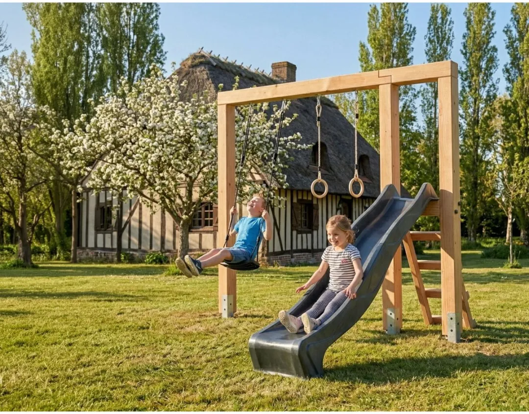 EXIT Linea Massiv 140 Schommel - Houten glijbaan met turnringen - Naturel