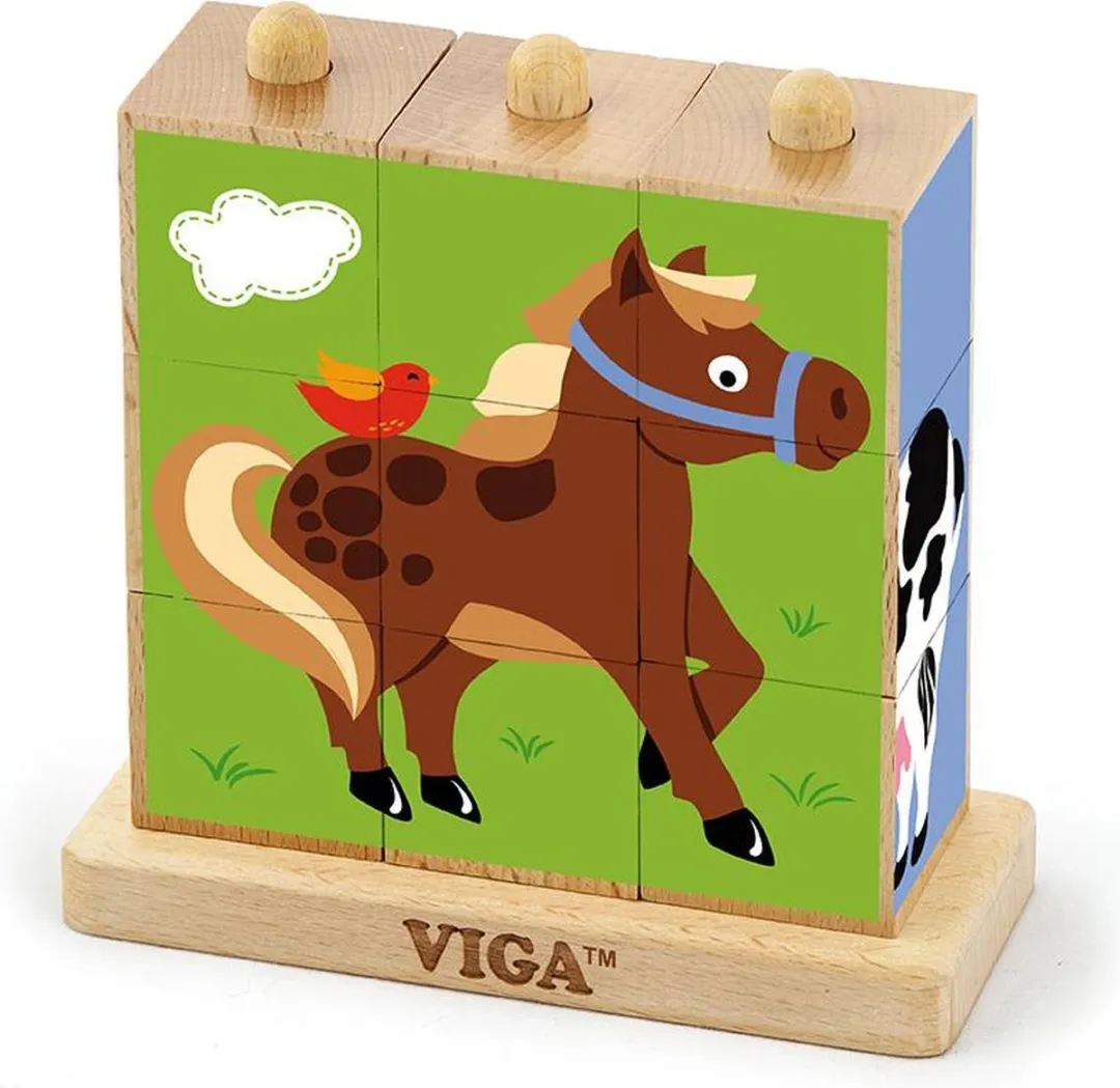 Viga Toys Stapelblok-Puzzel Boerderijdieren 9-delig - Multicolor