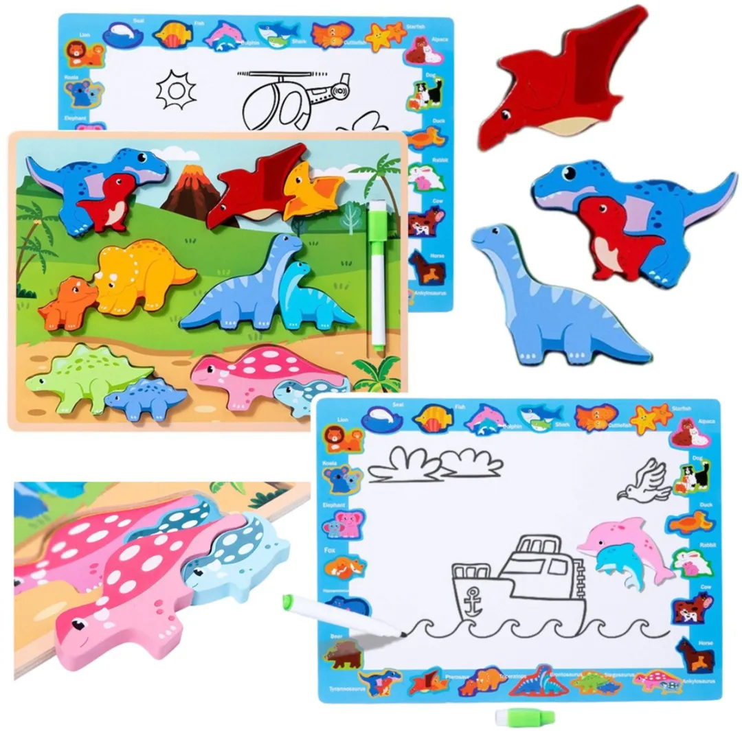 Lean Toys Houten Dinosaurus Puzzelbord 2-in-1