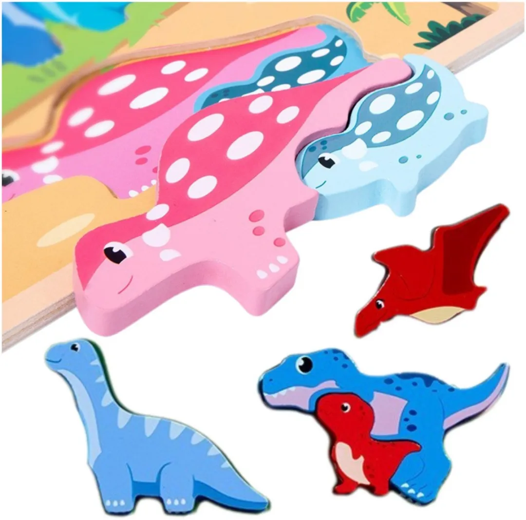Lean Toys Houten Dinosaurus Puzzelbord 2-in-1 - 12 Delen - Blauw