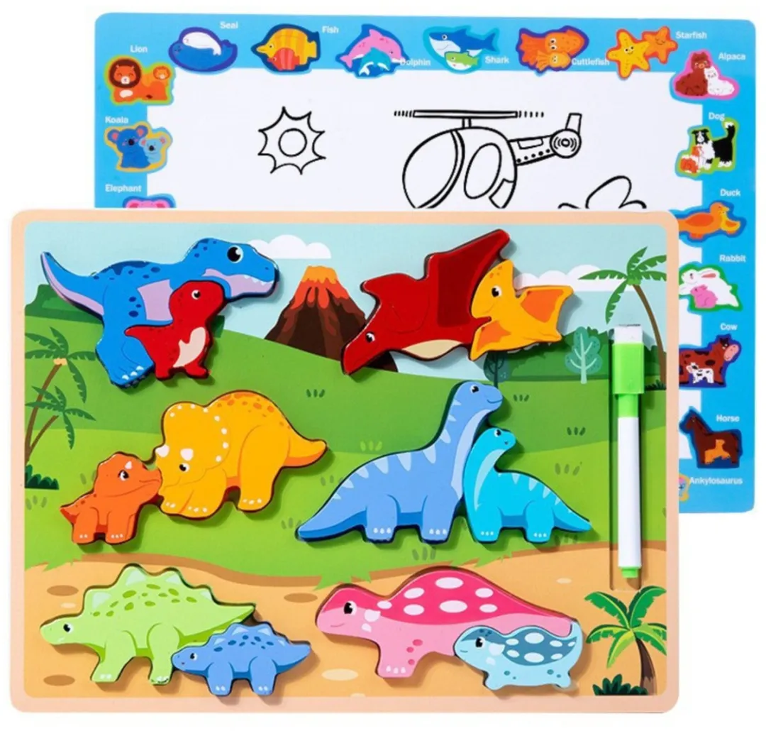 Lean Toys Houten Dinosaurus Puzzelbord 2-in-1 - 12 Delen - Blauw