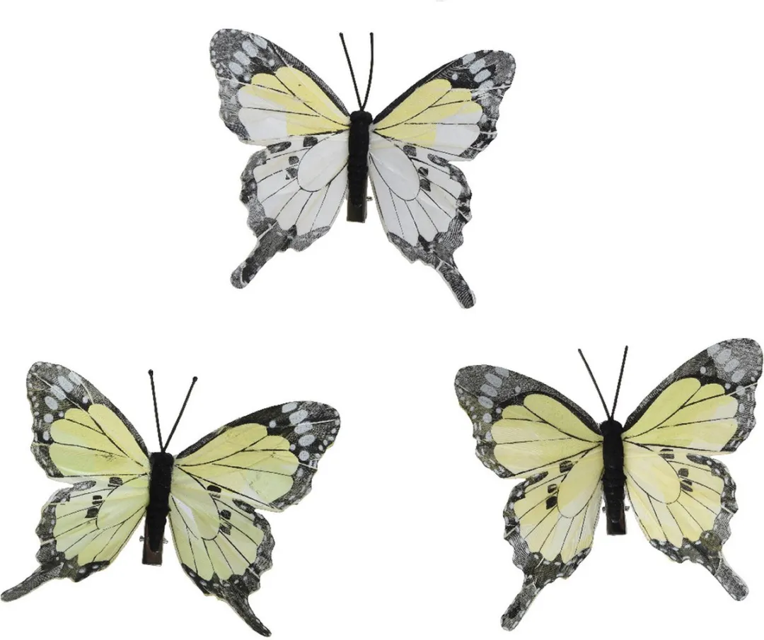 Decoris Vlinders op Clip - 3 Stuks - Lichtgeel - 12x8cm