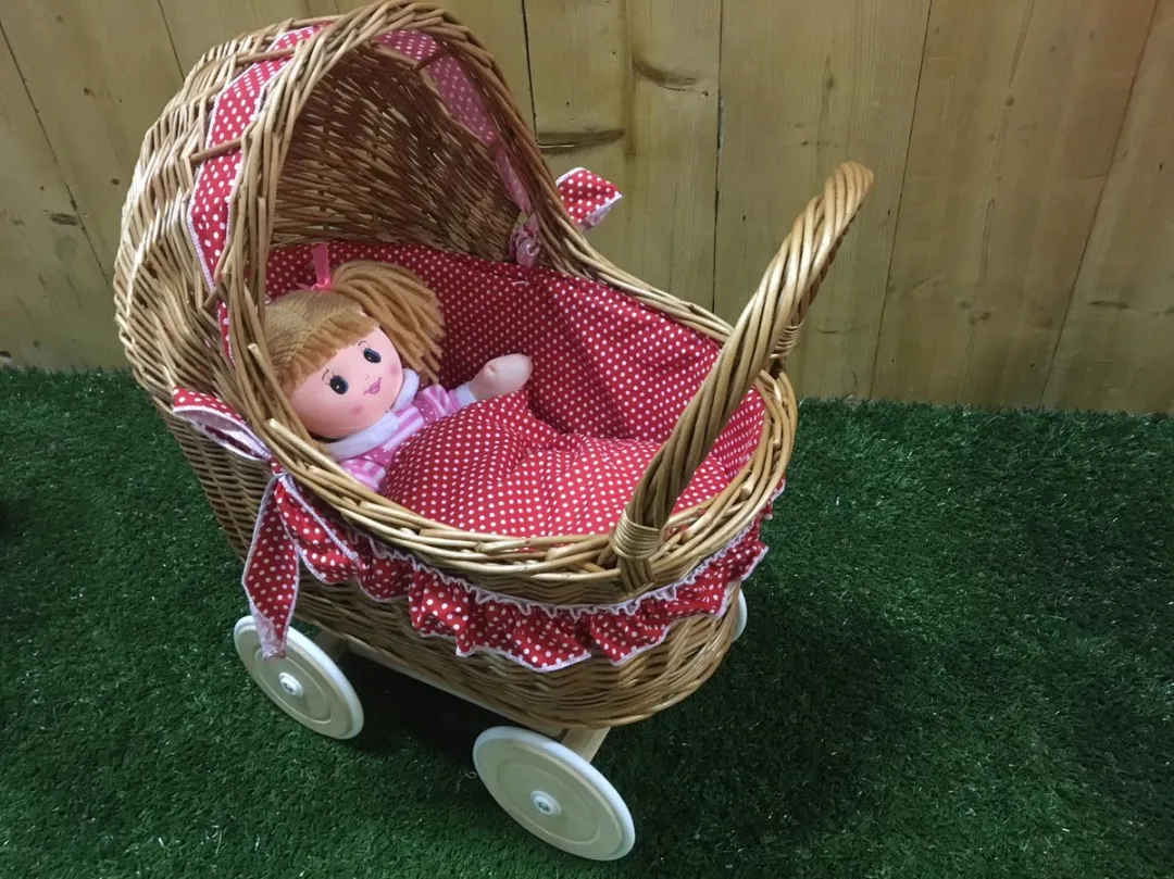 Angel Toys Poppenwagen met rieten kap - Rood met witte stippen