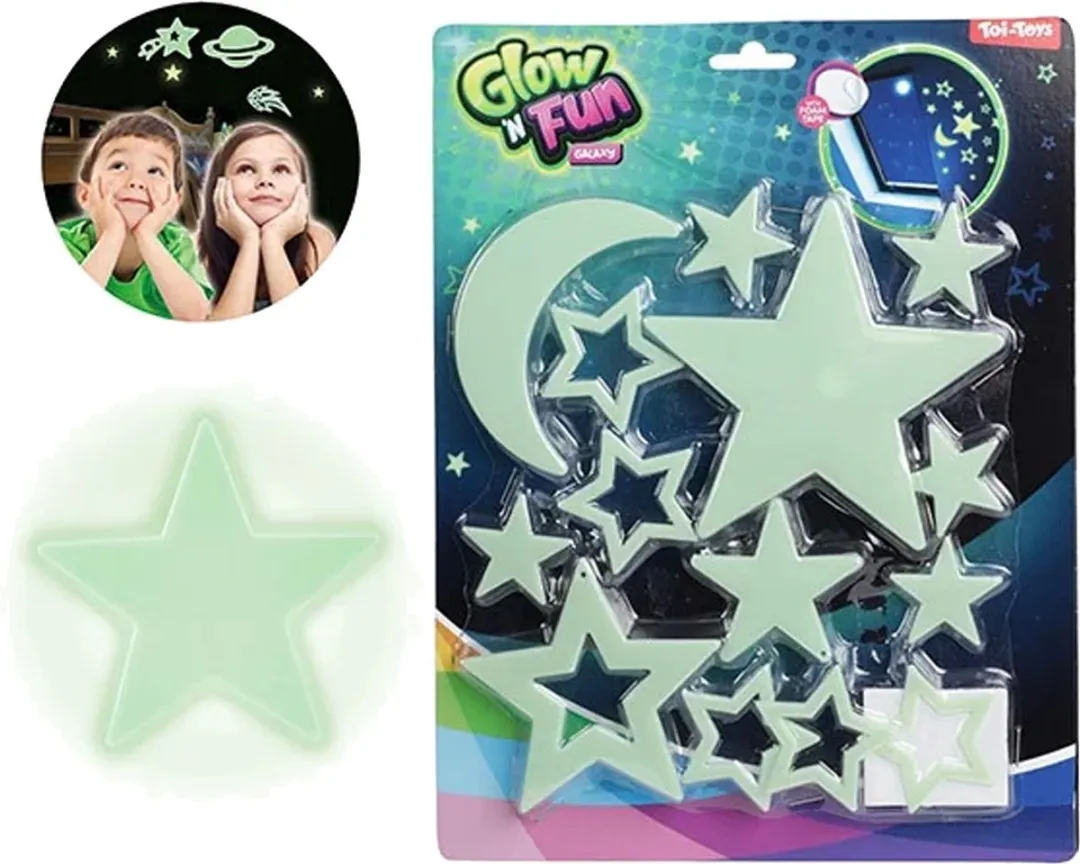 Toi-Toys Glow in the Dark Maan & Sterren Muur/Plafond Decoratie - 4 Stuks