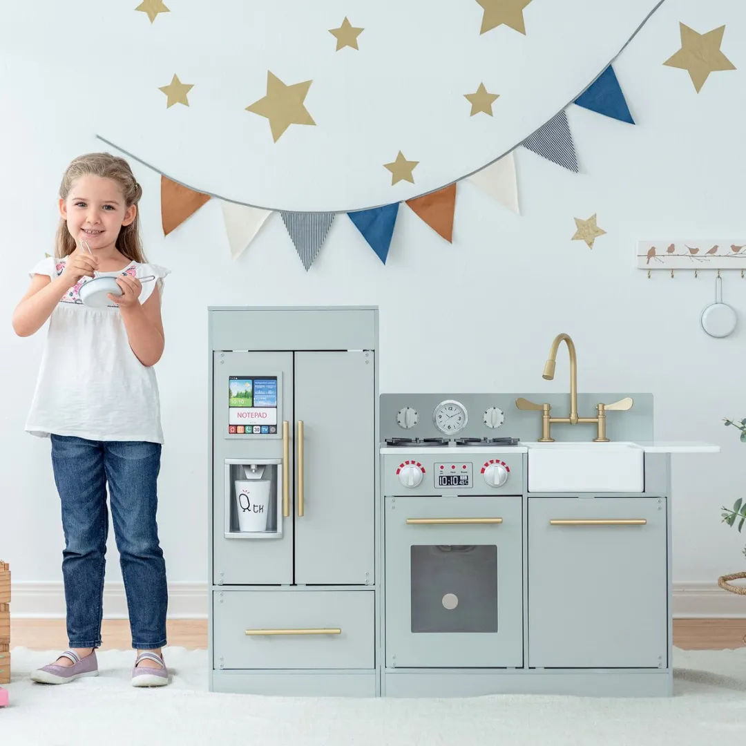 Teamson Kids Groot Modern Houten Speelkeuken - Zilver/Grijs/Goud