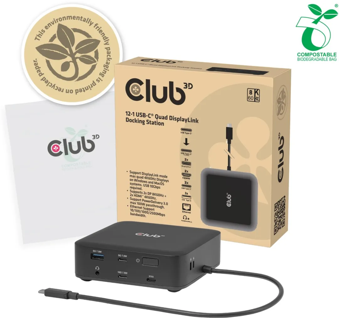 Club3D CSV-2542 Quad DisplayLink Dockingstation - 2x DisplayPort 8K + 2x HDMI 4K - 100W - Zwart