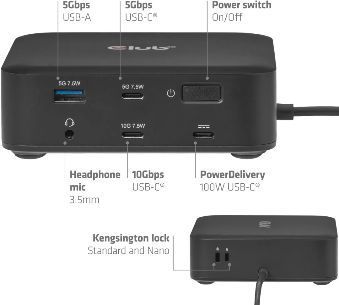 Club3D CSV-2542 Quad DisplayLink Dockingstation - 2x DisplayPort 8K + 2x HDMI 4K - 100W - Zwart