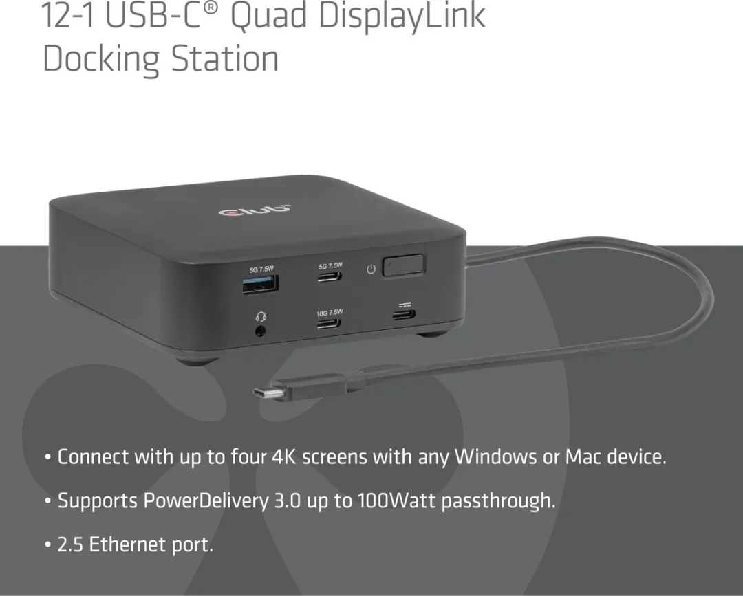 Club3D CSV-2542 Quad DisplayLink Dockingstation - 2x DisplayPort 8K + 2x HDMI 4K - 100W - Zwart - afbeelding 6 van 6