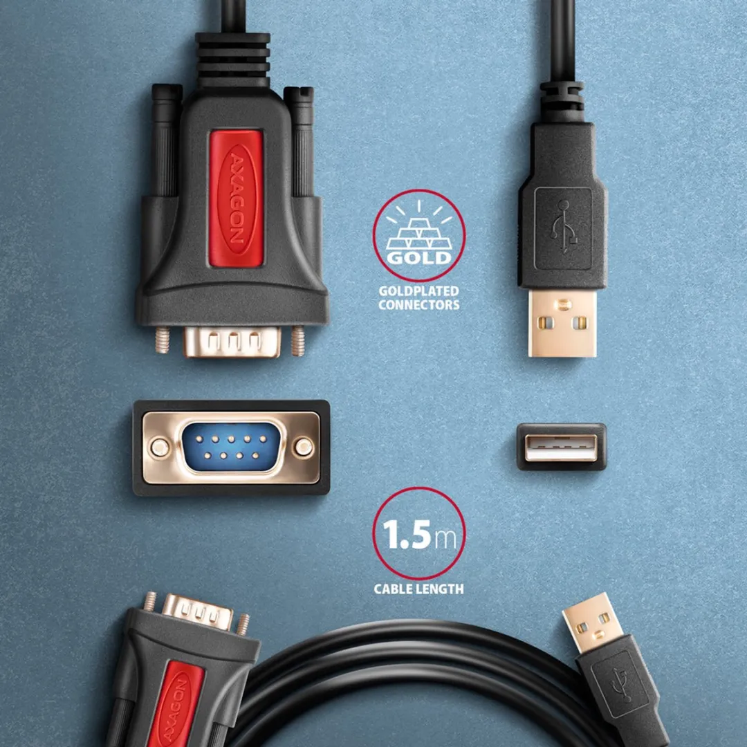 Axagon ADS-1PSN USB 2.0 Adapterkabel RS232 - 1.5m - Zwart/Rood - afbeelding 6 van 6