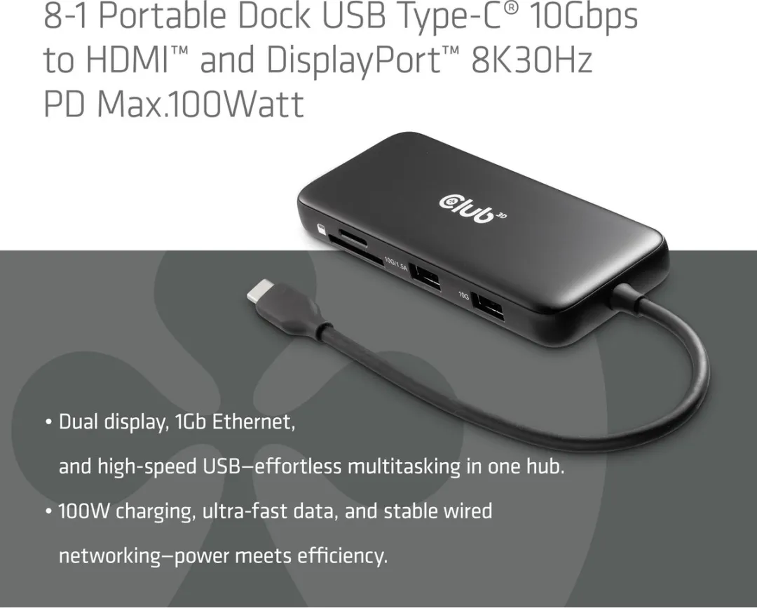 Club3D CSV-2551 USB-C Dock 10Gbps - HDMI & DisplayPort 8K30Hz - 100W - Zwart