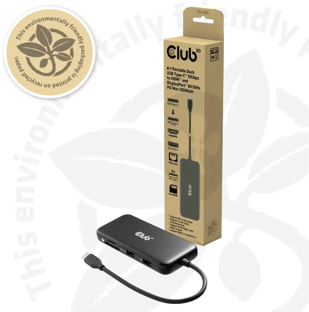 Club3D CSV-2551 USB-C Dock 10Gbps - HDMI & DisplayPort 8K30Hz - 100W - Zwart - afbeelding 6 van 6