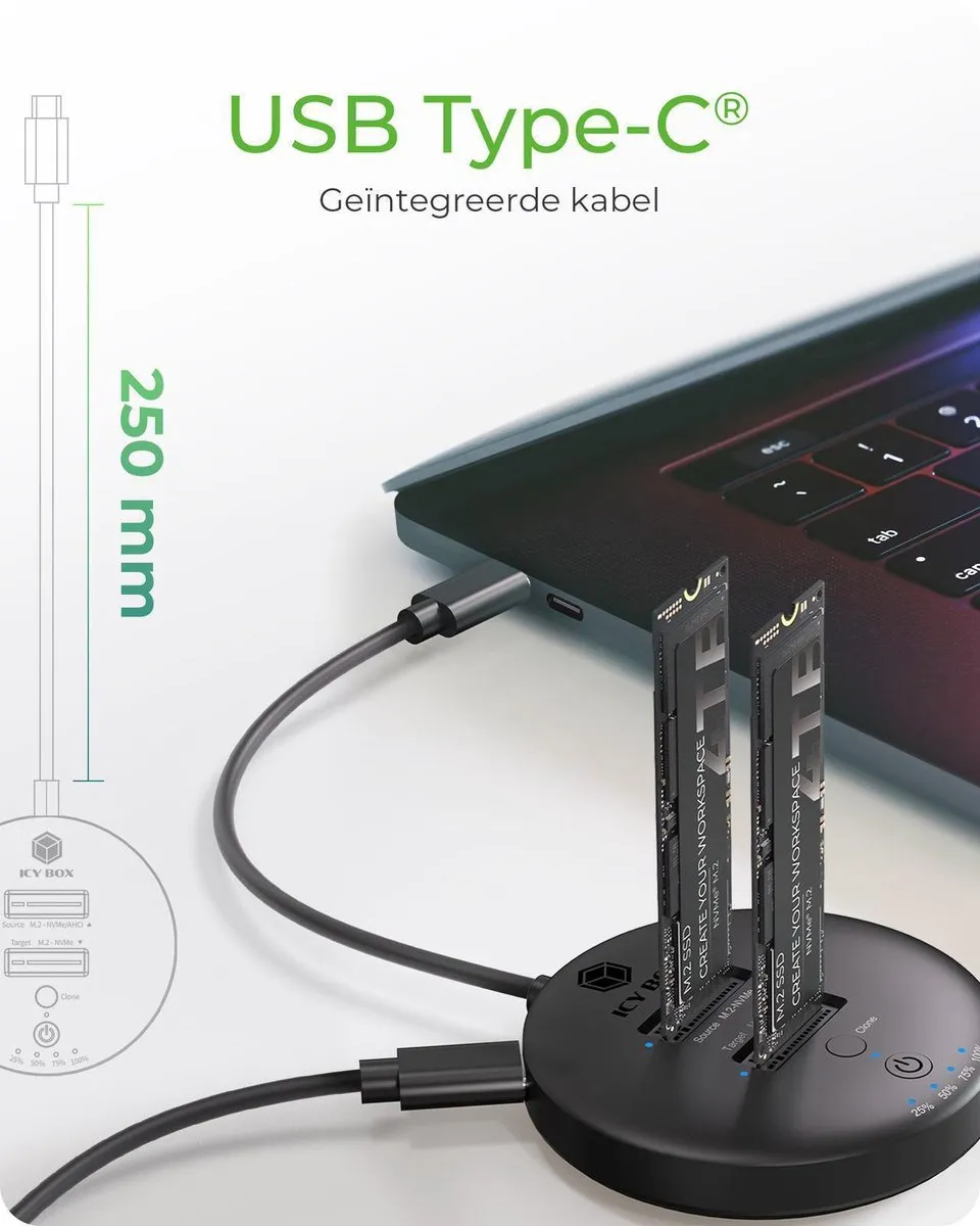 Icy Box IB-1612MCL-C31 Dual M.2 NVMe Docking & Kloonstation - USB-C 10Gbit/s - Zwart