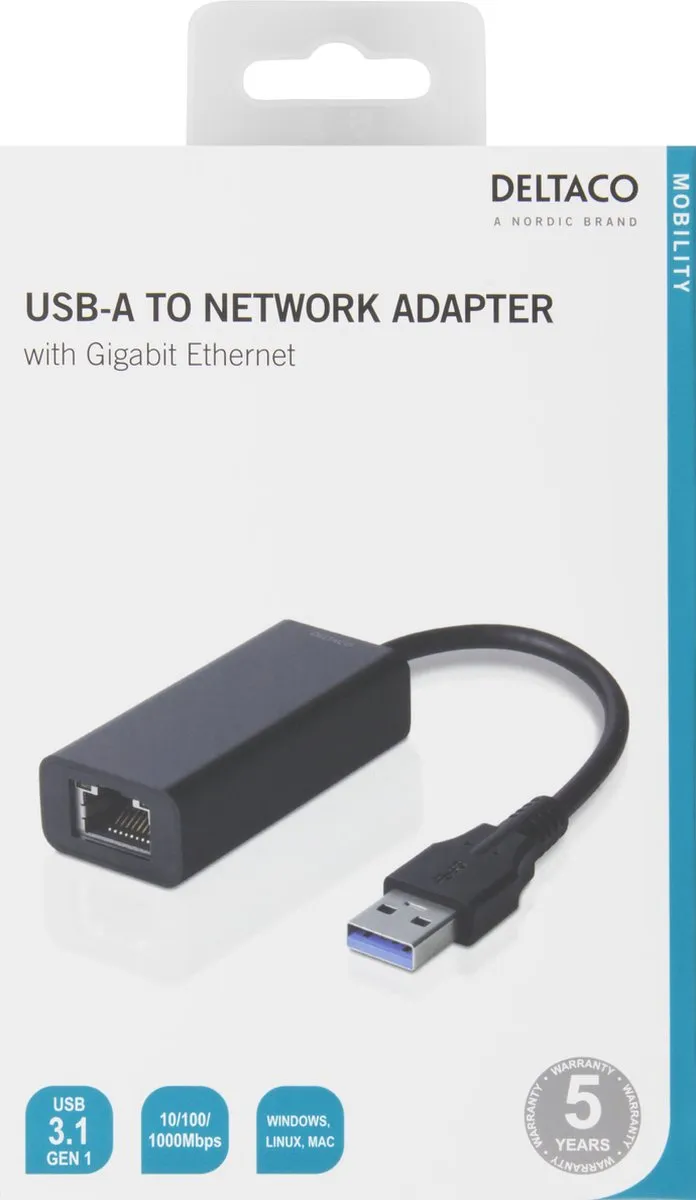 Deltaco USB3-GIGA5 USB 3.1 naar Gigabit Ethernet Adapter - Zwart - afbeelding 2 van 3