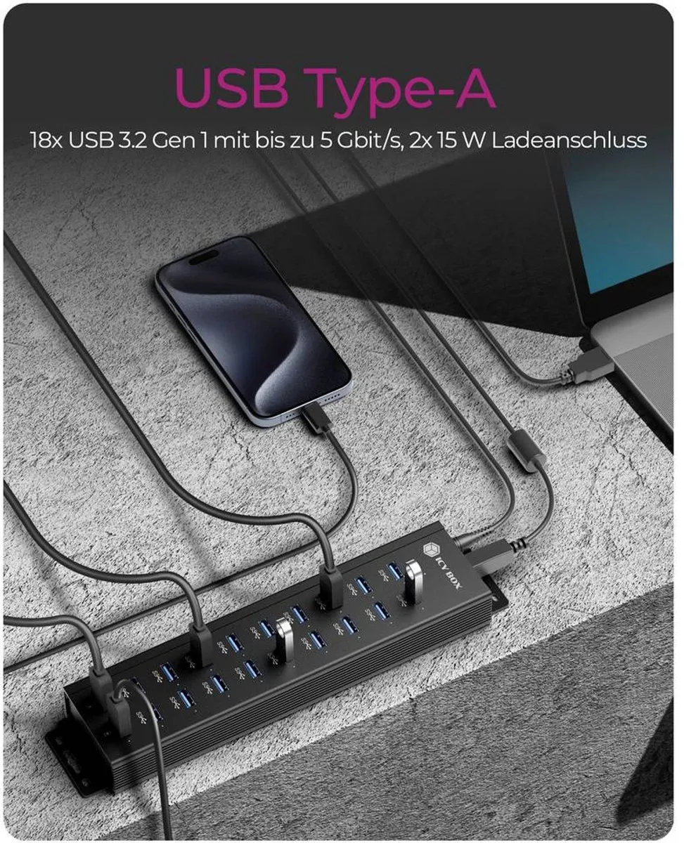 Icy Box IB-HUB1720-U3 USB Hub 20 Poorten - USB 3.0 5Gbps - Zwart