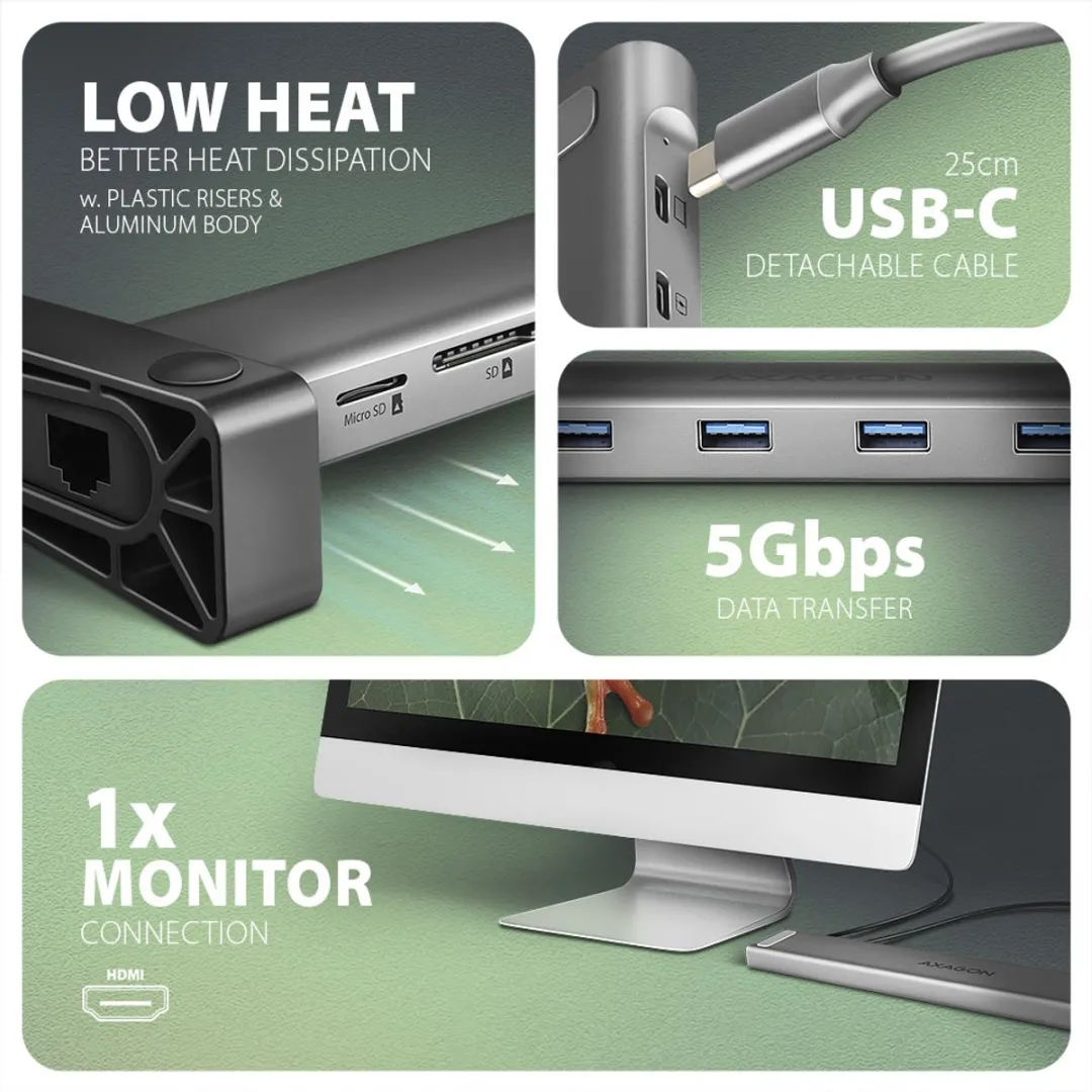 Axagon HMC-10HLS Laptopdock - USB 3.2 Gen 1 - Zwart/Grijs - afbeelding 6 van 6