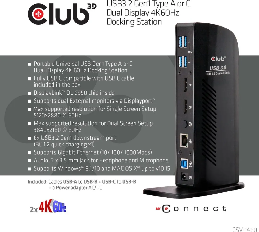 Club 3D USB-A 5Gbps of USB-C®Dual Display 4K60Hz Docking Station