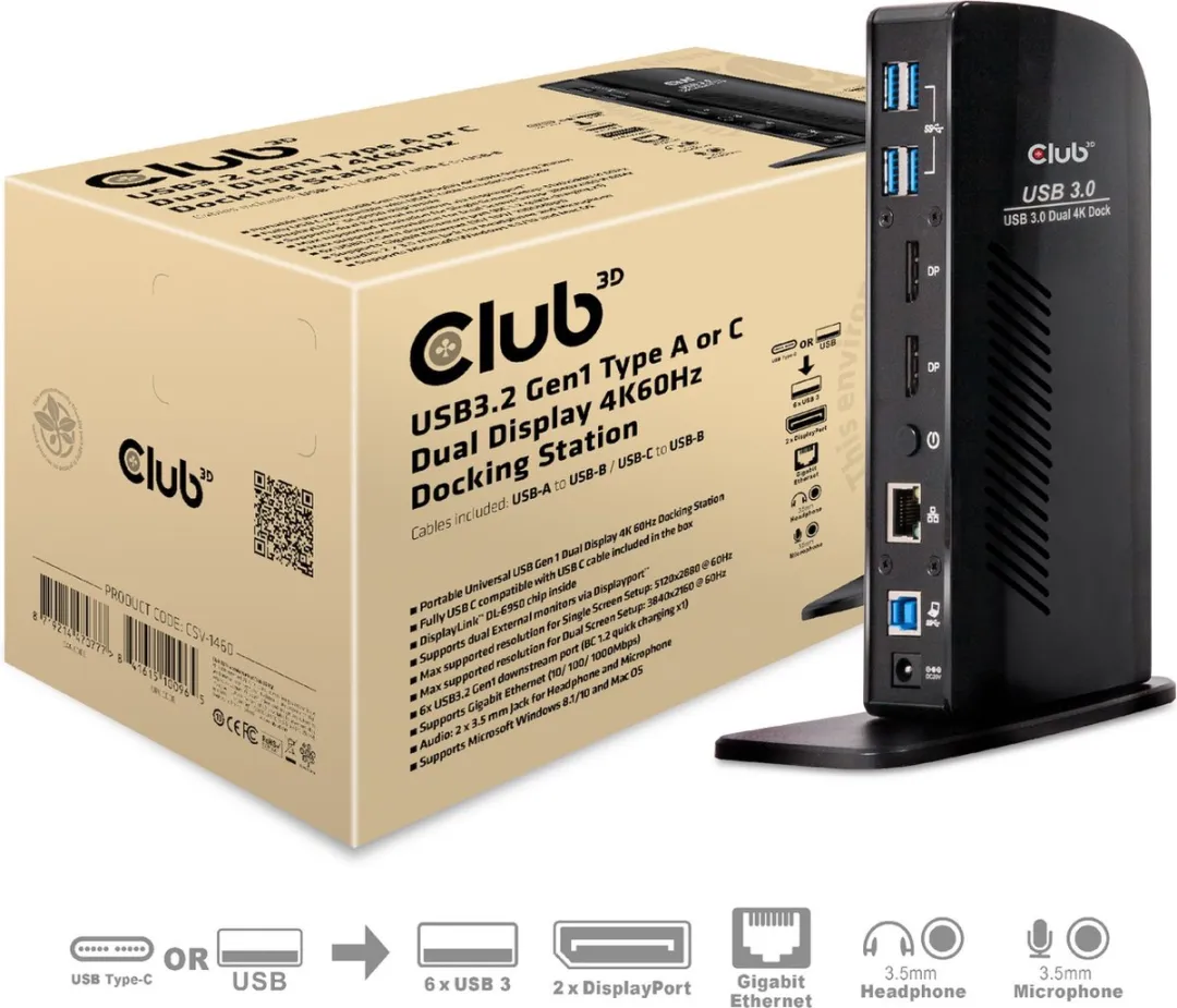 Club 3D USB-A 5Gbps of USB-C®Dual Display 4K60Hz Docking Station