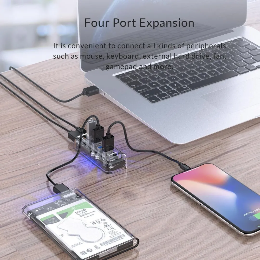 ORICO ORI-F4U-U3-CR USB3.0 Hub 4 Poorten - Transparant - afbeelding 6 van 6
