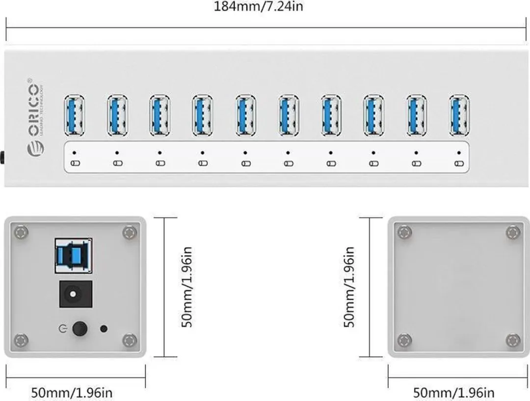 ORICO A3H10-V1-EU-SV USB 3.0 Hub 10 Poorten - Aluminium Zilver