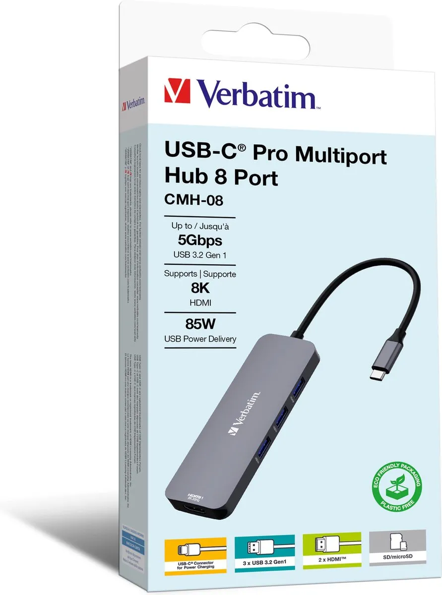 Verbatim CMH-08 USB-C Hub - 2x HDMI/DisplayPort - 5000 Mbit/s - Zilver - afbeelding 6 van 6